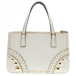 Pre Owned Prada Off White Saffiano Leather Studded Double Zip Tote