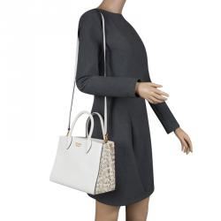 Pre Owned Prada Off White/Cream Leather and Snakeskin Bibliotheque Double Tote