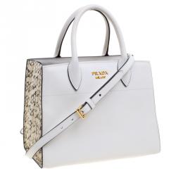 Pre Owned Prada Off White/Cream Leather and Snakeskin Bibliotheque Double Tote