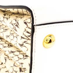 Pre Owned Prada Off White/Cream Leather and Snakeskin Bibliotheque Double Tote