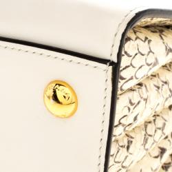 Pre Owned Prada Off White/Cream Leather and Snakeskin Bibliotheque Double Tote