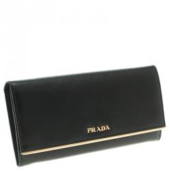 Pre Owned Prada Black Saffiano Metal Leather Continental Wallet with Card Holder
