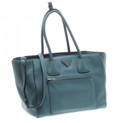 Pre Owned Prada Powder Blue Vitello Phenix Leather Shopping Tote