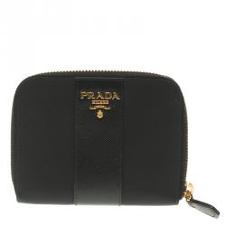 Pre Owned Prada Black Saffiano Metal Leather Compact Zip Wallet