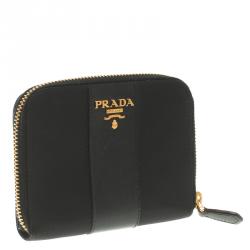 Pre Owned Prada Black Saffiano Metal Leather Compact Zip Wallet