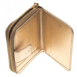 Pre Owned Prada Gold Saffiano Metal Leather Compact Zip Wallet