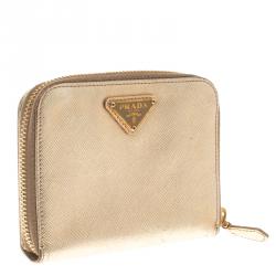 Pre Owned Prada Gold Saffiano Metal Leather Compact Zip Wallet