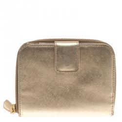 Pre Owned Prada Gold Saffiano Metal Leather Compact Zip Wallet
