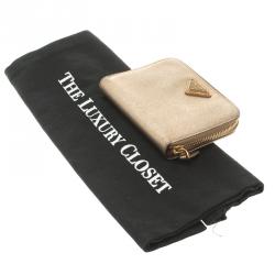 Pre Owned Prada Gold Saffiano Metal Leather Compact Zip Wallet