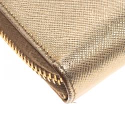 Pre Owned Prada Gold Saffiano Metal Leather Compact Zip Wallet