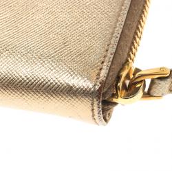 Pre Owned Prada Gold Saffiano Metal Leather Compact Zip Wallet