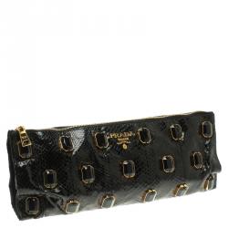 Pre Owned Prada Black Python Whips Pietre Clutch