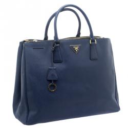 Pre Owned Prada Blue Saffiano Lux Leather Double Zip Executive Tote