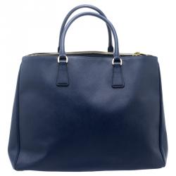 Pre Owned Prada Blue Saffiano Lux Leather Double Zip Executive Tote