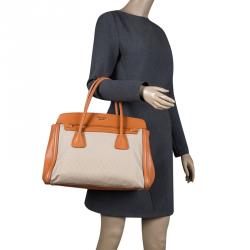 Pre Owned Prada Beige/Orange Corda Canvas and Saffiano Lux Leather Tote