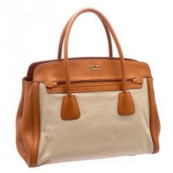 Pre Owned Prada Beige/Orange Corda Canvas and Saffiano Lux Leather Tote