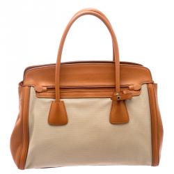 Pre Owned Prada Beige/Orange Corda Canvas and Saffiano Lux Leather Tote