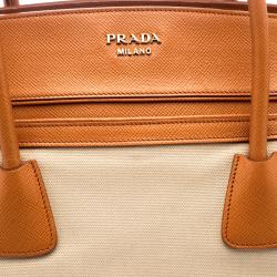 Pre Owned Prada Beige/Orange Corda Canvas and Saffiano Lux Leather Tote