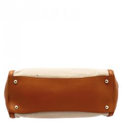 Pre Owned Prada Beige/Orange Corda Canvas and Saffiano Lux Leather Tote