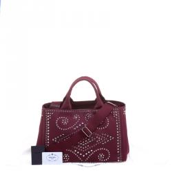 Pre Owned Prada Burgundy Canvas Studded and Crystal Gardener's Tote
