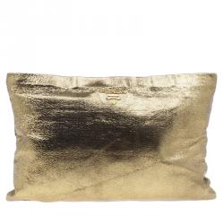 Pre Owned Prada Gold Crackled Leather Oversized Clutch