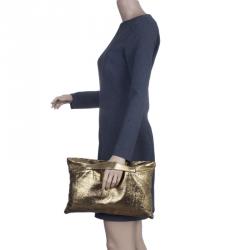 Pre Owned Prada Gold Crackled Leather Oversized Clutch