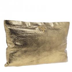 Pre Owned Prada Gold Crackled Leather Oversized Clutch