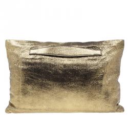 Pre Owned Prada Gold Crackled Leather Oversized Clutch