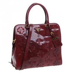 Pre Owned Prada Red Patent Leather Floral Framed Top Handle Bag