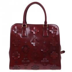 Pre Owned Prada Red Patent Leather Floral Framed Top Handle Bag