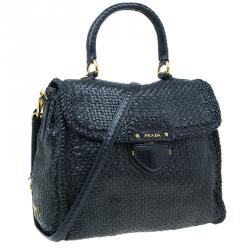 Pre Owned Prada Black Woven Goatskin Leather Madras Bag