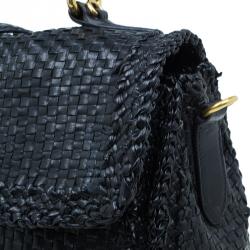 Pre Owned Prada Black Woven Goatskin Leather Madras Bag