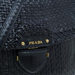 Pre Owned Prada Black Woven Goatskin Leather Madras Bag