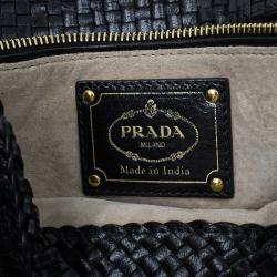Pre Owned Prada Black Woven Goatskin Leather Madras Bag