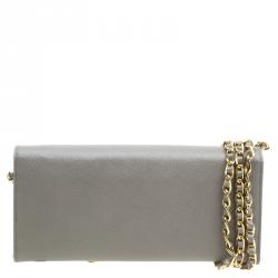 Pre Owned Prada Argilla Saffiano Metal Leather Wallet on Chain Clutch