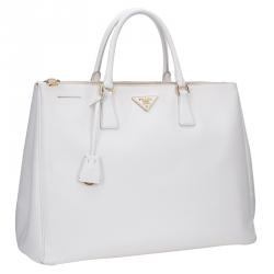 Pre Owned Prada White Saffiano Lux Leather Double Zip Executive Tote 