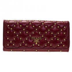 Pre Owned Prada Red Studded and Quilted Leather Continental Flap Wallet