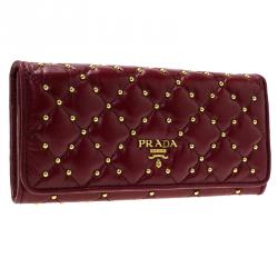 Pre Owned Prada Red Studded and Quilted Leather Continental Flap Wallet