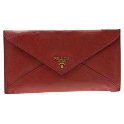Pre Owned Prada Red Saffiano Leather Envelope Wallet