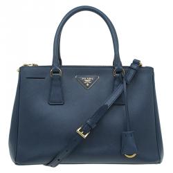 Pre Owned Prada Navy Blue Saffiano Lux Leather Small Double Zip Tote