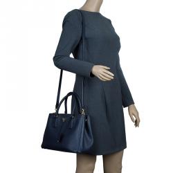 Pre Owned Prada Navy Blue Saffiano Lux Leather Small Double Zip Tote