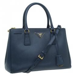 Pre Owned Prada Navy Blue Saffiano Lux Leather Small Double Zip Tote