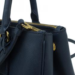 Pre Owned Prada Navy Blue Saffiano Lux Leather Small Double Zip Tote