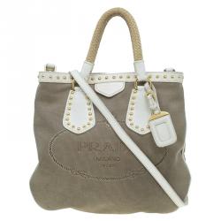 Pre Owned Prada White/Beige  Canvas Jacquard Logo Studded Top Handle Bag