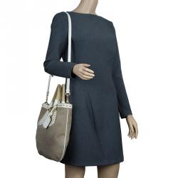 Pre Owned Prada White/Beige  Canvas Jacquard Logo Studded Top Handle Bag