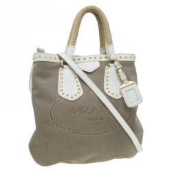 Pre Owned Prada White/Beige  Canvas Jacquard Logo Studded Top Handle Bag