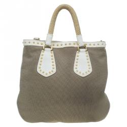 Pre Owned Prada White/Beige  Canvas Jacquard Logo Studded Top Handle Bag