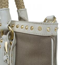 Pre Owned Prada White/Beige  Canvas Jacquard Logo Studded Top Handle Bag