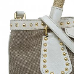 Pre Owned Prada White/Beige  Canvas Jacquard Logo Studded Top Handle Bag