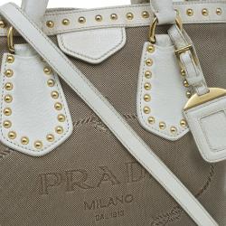 Pre Owned Prada White/Beige  Canvas Jacquard Logo Studded Top Handle Bag